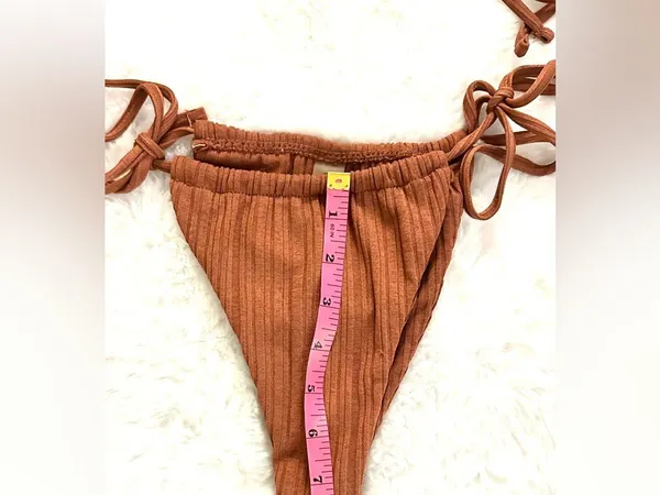 SHEIN Ribbed Burnt Orange Brown 3 Piece Tie Bikini Set Cover Up Sarong Medium - Image 3