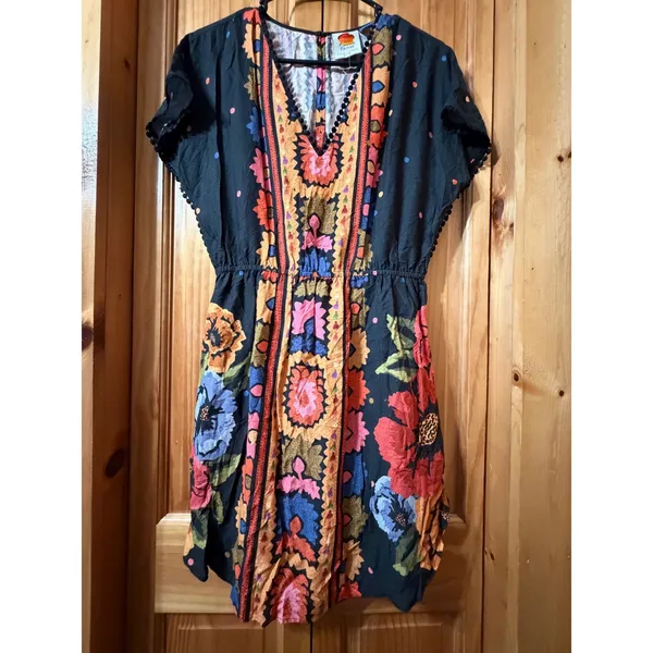 Farm Rio Anthropologie Black Floral Mini Dress Size S Boho V-Neck Pom Trim - Image 3