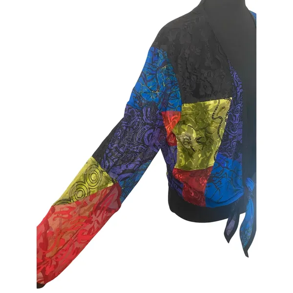 Chico's Y2K Silk Lace Burnout Velvet‎ Patchwork Artsy Boho Art to Wear Tie Front Top Med - Image 4