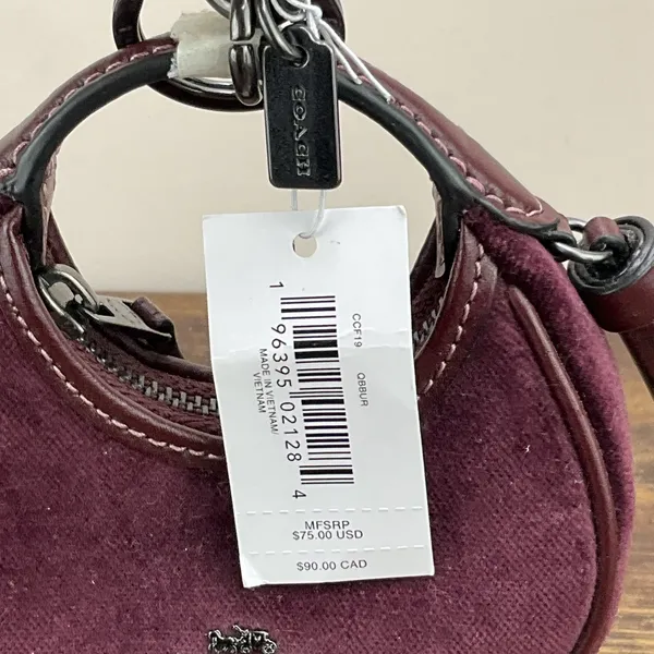 New Coach Mini Carmen Bag Charm Keychain Burgundy Velvet Leather Gunmetal CCF19 - Image 6