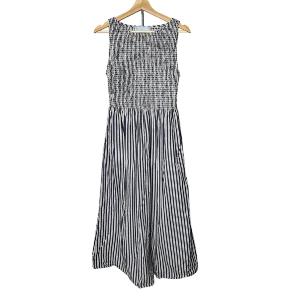 Hill House Home The Larissa Nap Dress Navy Blue White Striped Smocked Midi - Image 2