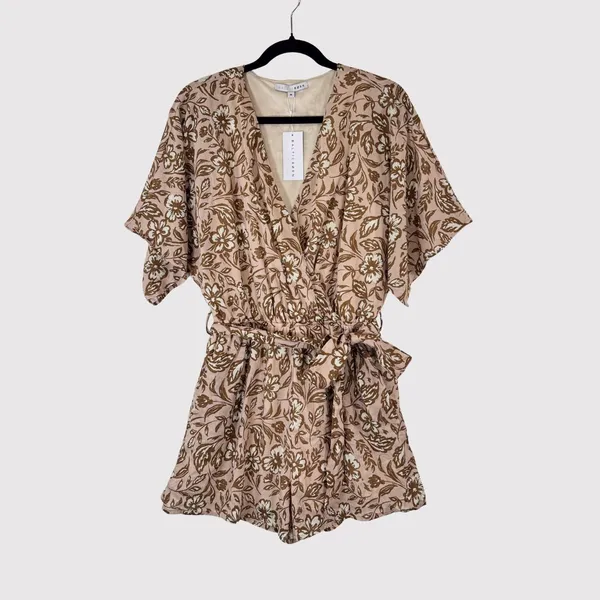 NWT Baltic Born Romper Brown Connor Taupe Floral V Neck Short Sleeve Boho Medium - Image 2
