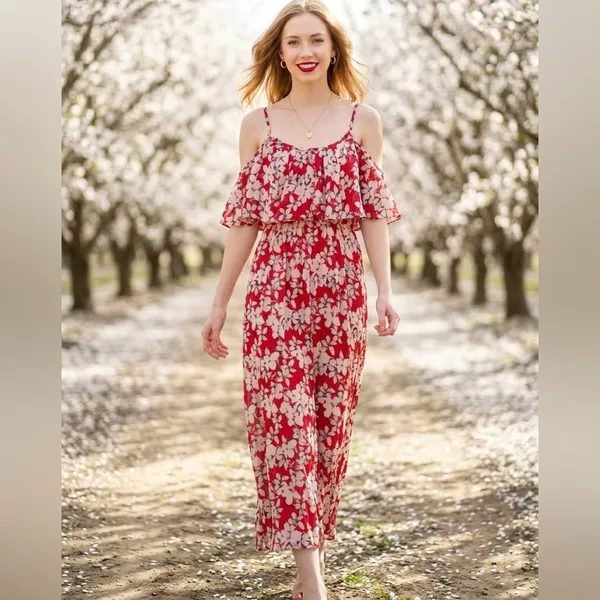TTI Floral Off Shoulder Chiffon Red Maxi Dress Size Small - Image 10
