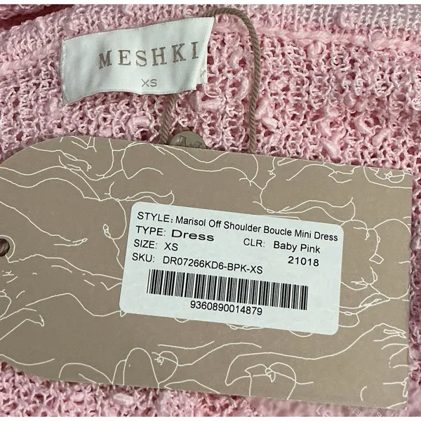 Meshki Marisol Off Shoulder Boucle Mini Dress Baby Pink XS Bell Sleeve New - Image 5