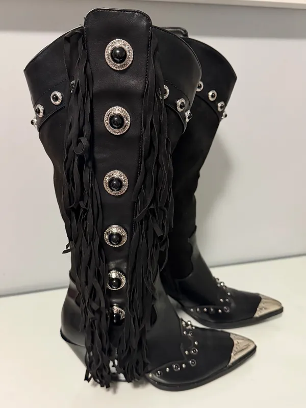 Black Fringed Western Knee-High Boots with Silver Accents - Image 5