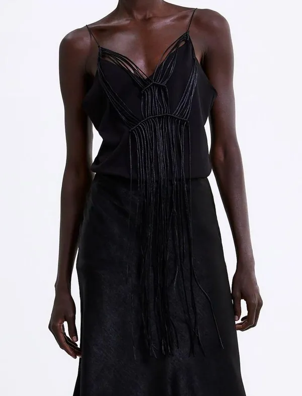 ZARA Front Tonal Macrame Trim Tank Top Black S NEW - Image 4