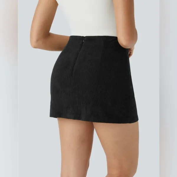 Halara High Waisted Invisible Zipper 2-in-1 A Line Mini Corduroy Black Skirt Med - Image 2