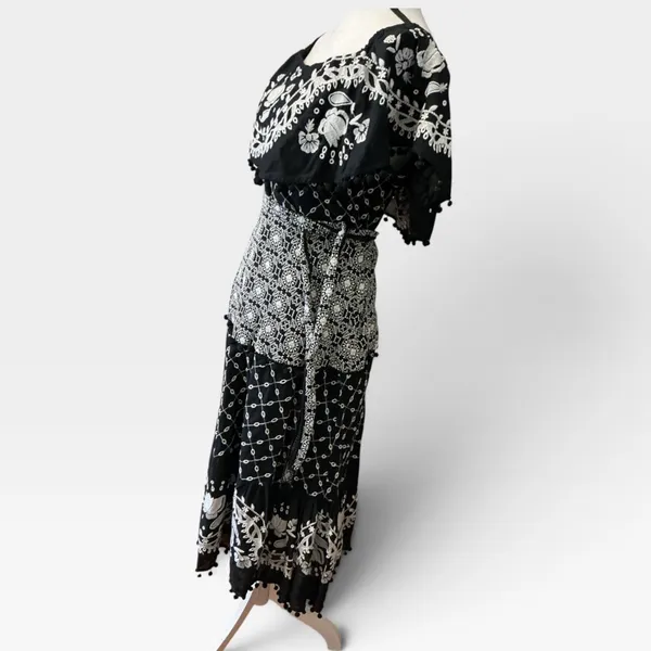 Anthropologie Black Embroidered Cotton Midi Dress Smocked Waist Pom Pom Trim 12 - Image 12