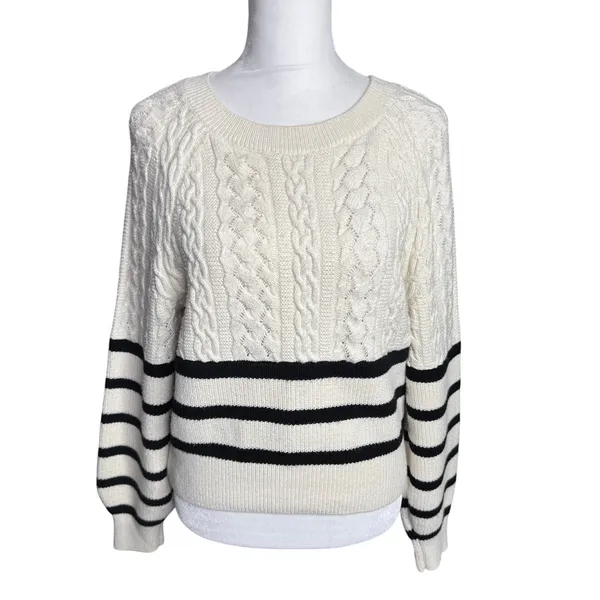 Express Striped Cable Knit Sweater Cream Black Cropped Size S Preppy Coastal - Image 2