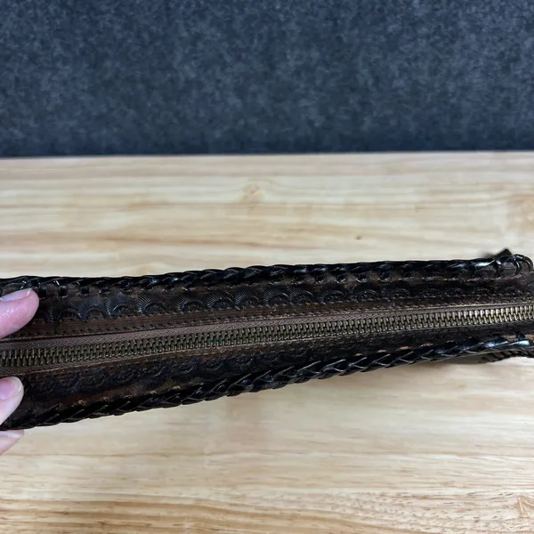 Vintage Hand Tooled Leather Floral Clutch Bag Dark Brown Whipstitch Western Boho - Image 4