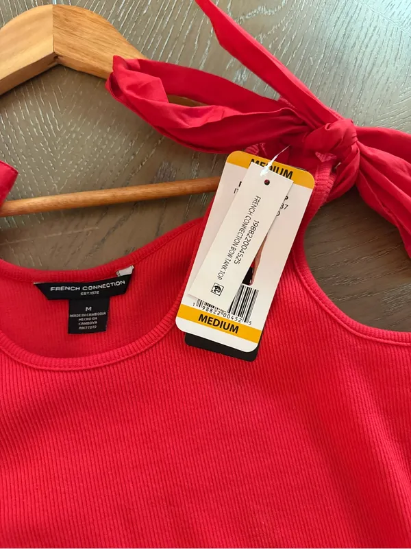 French Connection Red Tie-Shoulder Ribbed Tank Top - Image 3