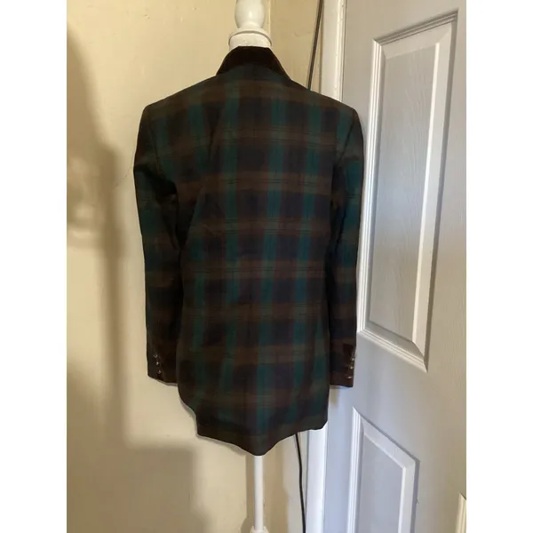 Pendleton Vintage Wool Plaid Blazer Jacket Velvet Collar Green Brown Size 8 - Image 3