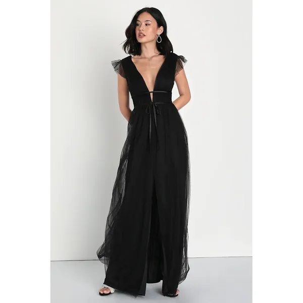 NEW Lulus Women Im All Yours Dress XS Black Tulle‎ Flutter Plunging Maxi Gown - Image 4