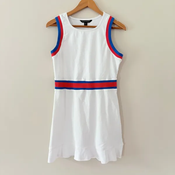 Boston Proper Sport Dress Medium White Red Blue Striped French Terry Flounce Hem - Image 3