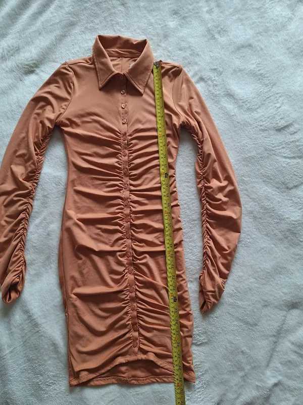 Oh Polly Caramel Ruched Long Sleeve Shirt Mini Dress US 4 - Image 4