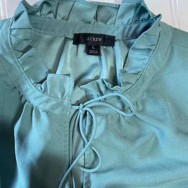 J.Crew Teal Green Ruffle Neck Tie Blouse Smocked Cuff Long Sleeve Top Size L - Image 6