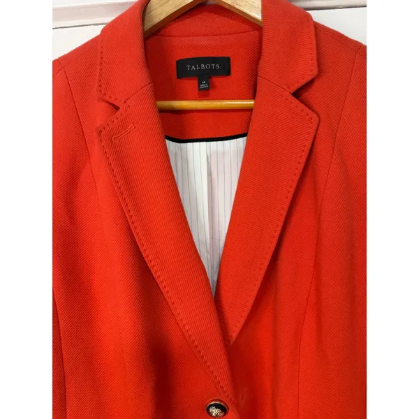 Talbots Red Orange Textured knit Blazer Gold Black Crest Buttons Size 14 Preppy - Image 14