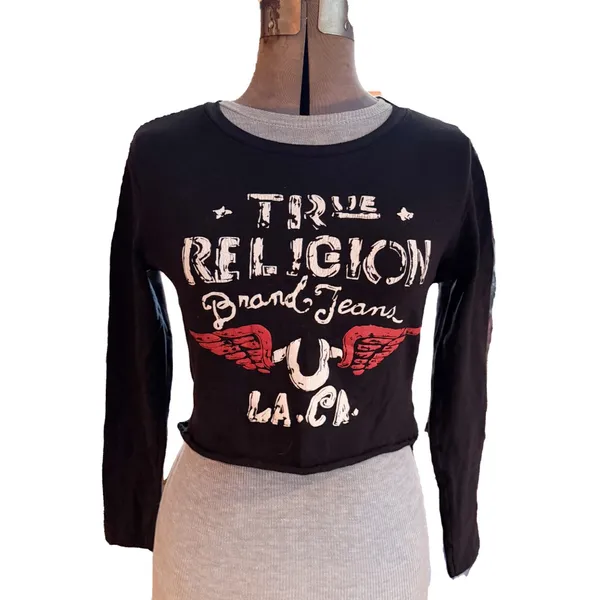 TRUE RELIGION Distressed Wing Baby T-shirt Black Long Sleeve Cropped Top - Image 2
