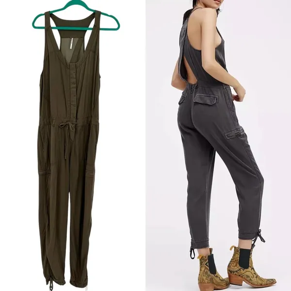 Free People Roaring Rayon Utilitarian jumpsuit Olive Green Drawstring Size‎ 4 - Image 2