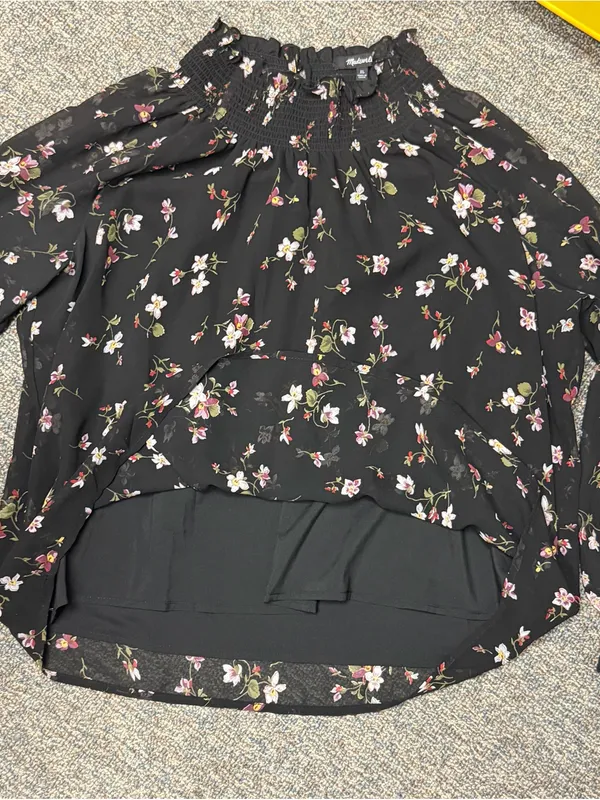Madewell XL Black Floral Smocked Mock Neck Long Sleeve Blouse Romantic - Image 7