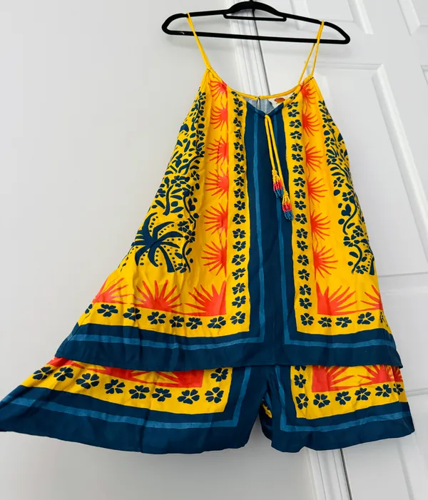 Farm Rio Sunshine Tie Neck Layered Romper, Size L - Image 7