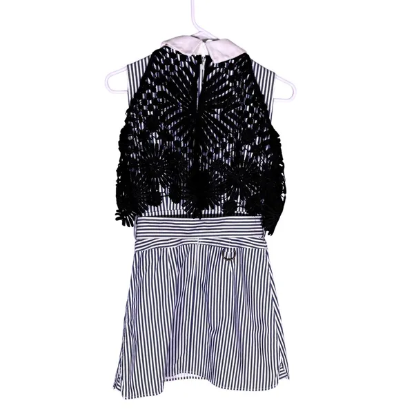 Self-Portrait Blue White Striped Lace Overlay‎ Collared Mini Dress Belted size 0 - Image 3