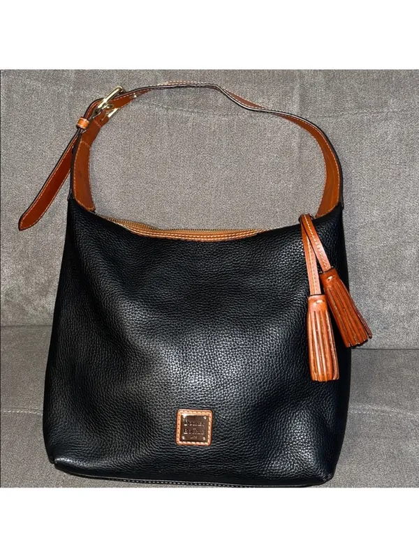 Dooney & Bourke Black Shoulder Hobo with Brown Trim and Tassel - Image 2