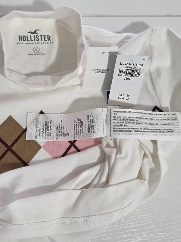 Hollister Argyle Long Sleeve Crop Top - White - Size S - 339-663-1111-108 - Image 8