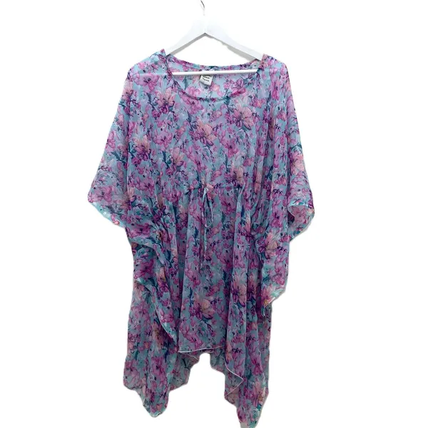 SUNFLOWER Pink Floral Kaftan Cover Up Sheer Summer Dress Boho Coastal Beachy OS - Image 5