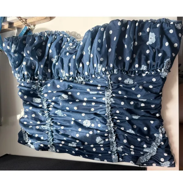 Free People Tube Top Navy Blue‎ White Polka Dot Ruched Ruffle Fitted Large - Image 10