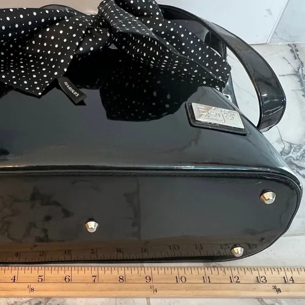 Beijo Black Vegan Patent Leather Paper Bag Handbag Polka Dot Scarf Twee Preppy - Image 15