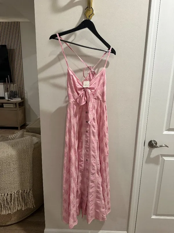 FREE PEOPLE Via Gingham Cotton Seersucker Sundress in Blush Combo Eve Small NWT - Image 2