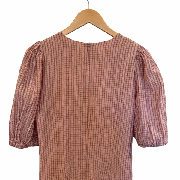 Zara Gathered Waist Puff Sleeve Pink Plaid Midi Dress S Style 4786/056 - Image 6