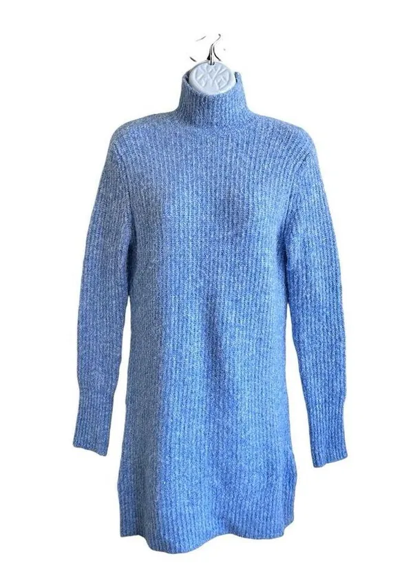 Zara Pullover Knit Ribbed Short Sweater Dress Mock Neck Light Blue Color XS - Image 2
