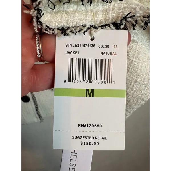 Amanda + Chelsea Natural Tweed Fringe Button Front Jacket Cream Black NWT M - Image 7