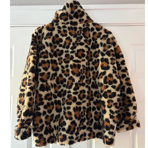J.Crew Vintage Fleece Leopard Print Faux Fur Jacket Brown Tan Black Womens L - Image 4