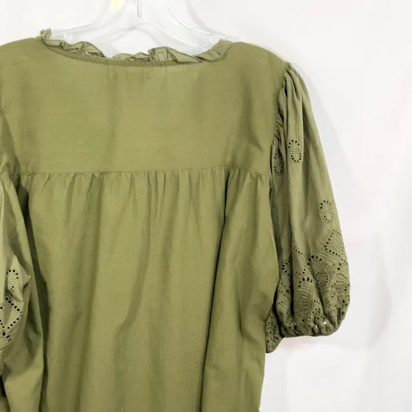 Maurices XXL Top Eyelet Blouse Peasant Top Puff Sleeve‎ Olive Green 907 - Image 10