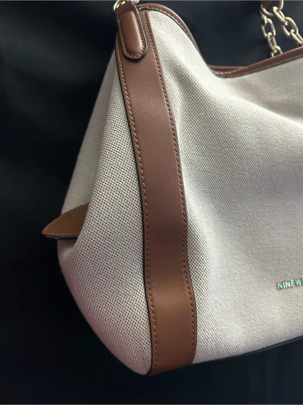 Nine West Cream Canvas Shoulder Tote Boho Bag with Brown Trim - Image 4