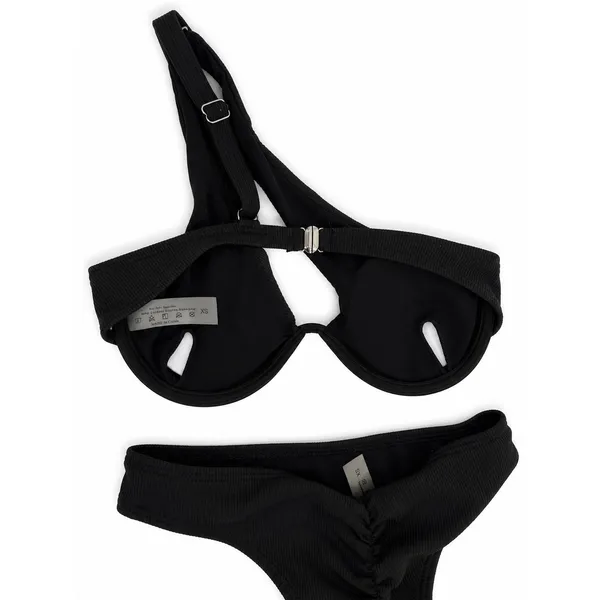 SheIn Black Ribbed Two-Piece Bikini Set Asymmetrical One-Shoulder Swimwear Size XS - Image 2
