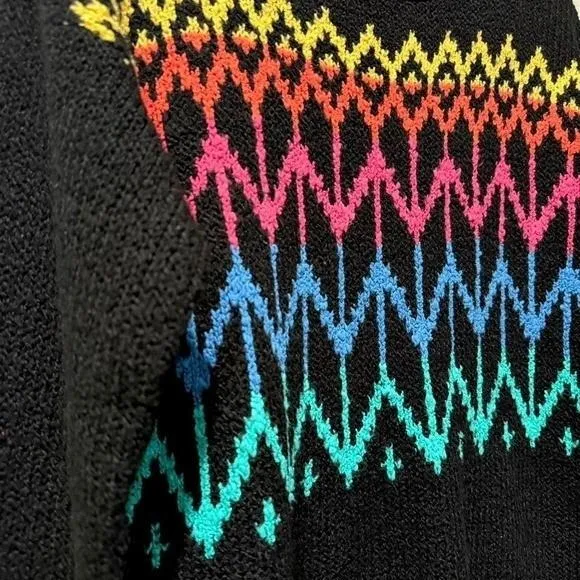 DEB Vintage 90s Retro Neon Fair Isle Mock‎ Neck Sweater Black Knit - Image 3