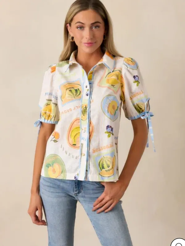 Prosperina Clementine Multi Print Cotton Linen Button Front Tie Sleeve Top 💛🎀 - Image 4
