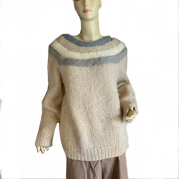 Vintage 1980'S Handmade Knit Mohair Taupe Pullover Sweater (L) - Image 2
