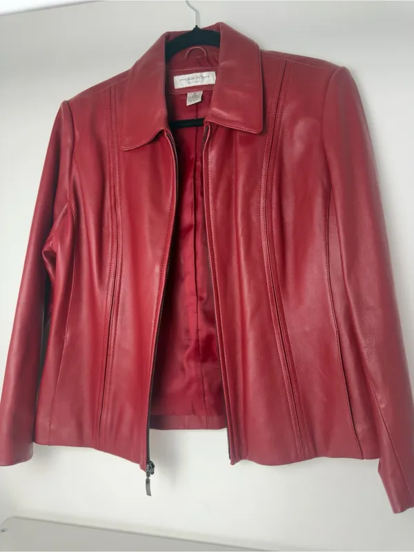Preston & York Crimson Red Leather Zip Jacket - Image 2