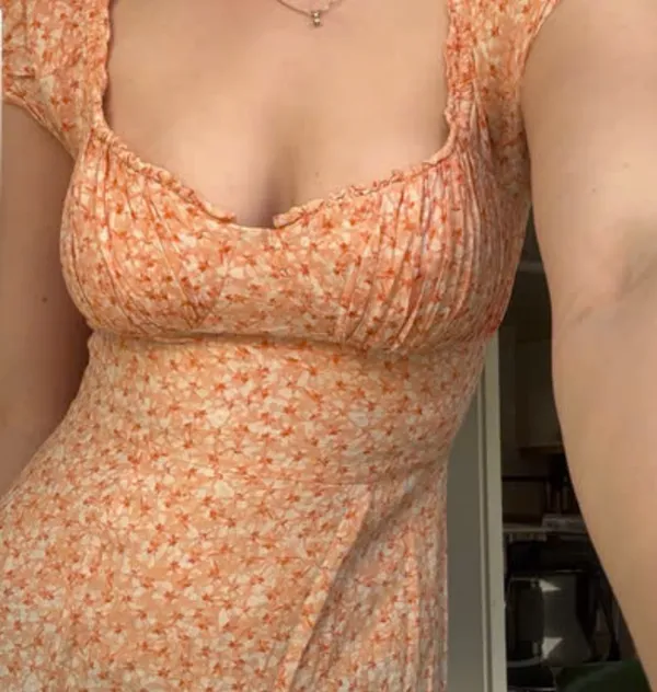 H&M Orange Floral Milkmaid Dress Puff Sleeve Midi - Image 4
