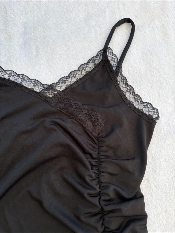 Express size small y2k usa Black Lace-Trim Cami Tank Top ruched summer 90s - Image 4