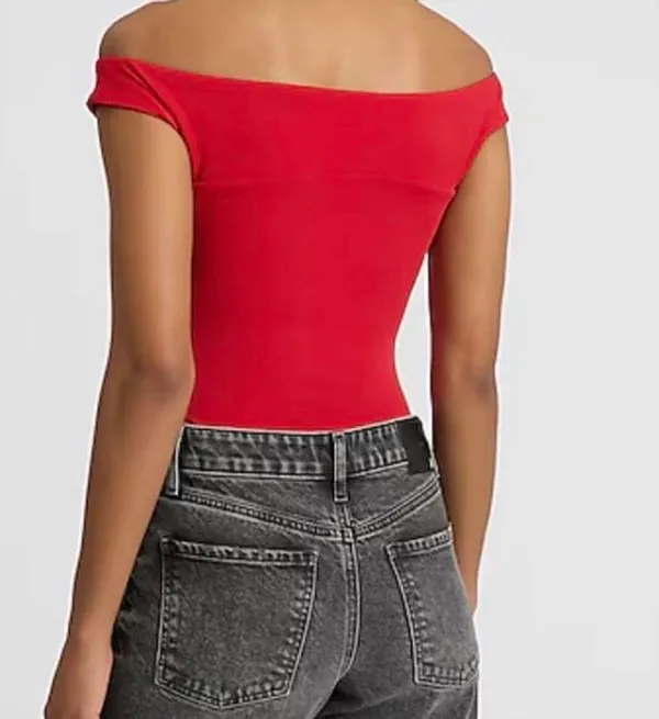 Express Red Body Contour Chest Cut Out Off Shoulder Bodysuit New With Tags Size XS - Image 3