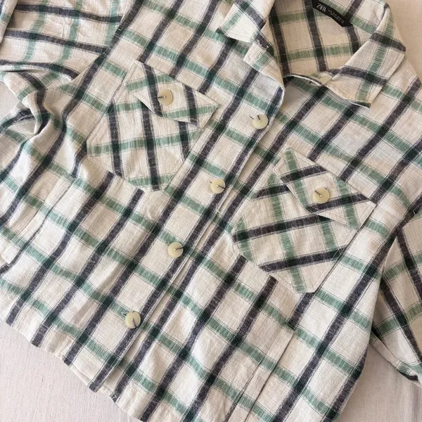 Zara‎ Womens XL Green Black Plaid Button Down Shacket Oversized Textured Jacket - Image 8