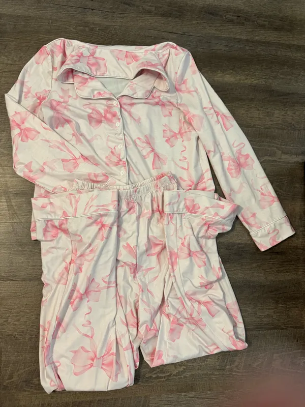 SheIn Pink Bow Print Pajama Set - Soft Button-Up Sleepwear - Image 3