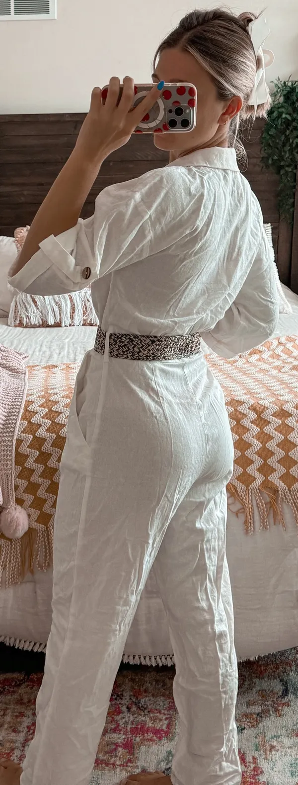 ZARA White Linen Belted Jumpsuit - Image 3