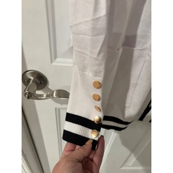 LOMON White Open Front Cardigan‎ Black Trim Gold Buttons Sz M Nautical Casual - Image 3